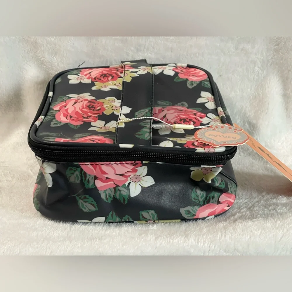 New NWT HOYOFO Black Peony Floral Print Travel Makeup Bag charger